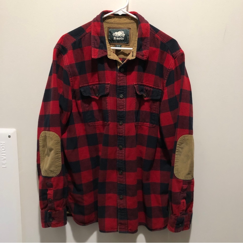 Roots Red and Black Flannel with Elbow Patches Size XL